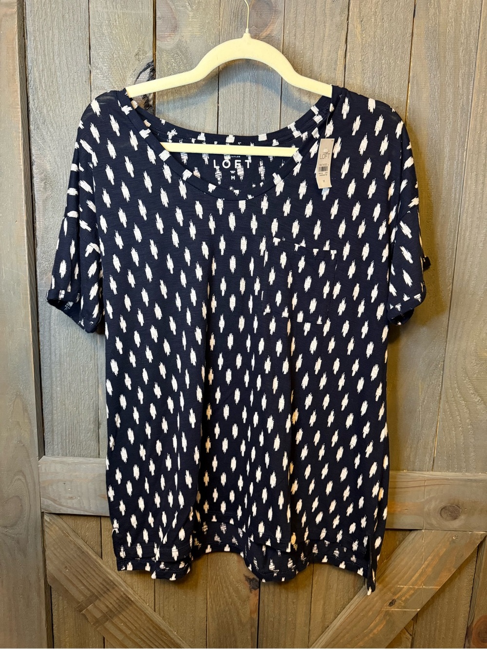 LOFT Navy White Ikat Dot Short Sleeve Pocket Tee